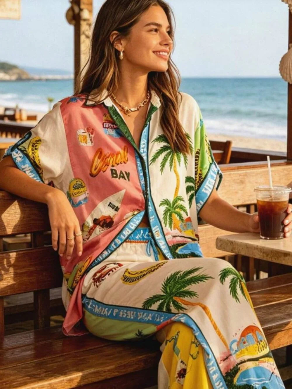 Tropical Resort 2-Piece Matching Set | Colorful Vacation Print | Wide Leg Pants